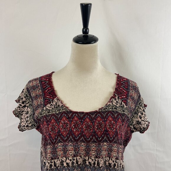 Soft Surroundings Smocked Dress 1X Maroon Cream Blue Mandala Print Short Sleeve - Picture 2 of 16